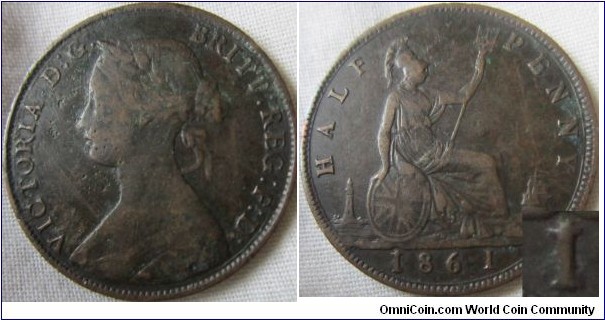 1861 6+g halfpenny, 1 over higher 1 or over farthing 1