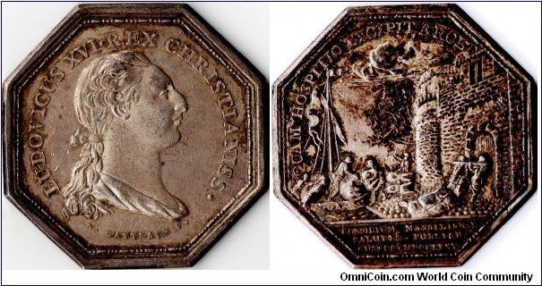 Rare silver jeton issued in 1775 to commemorate the establishment of a quarantine station (a lazaretto)at Marseille. This example is a die variation on the other example in my collection.