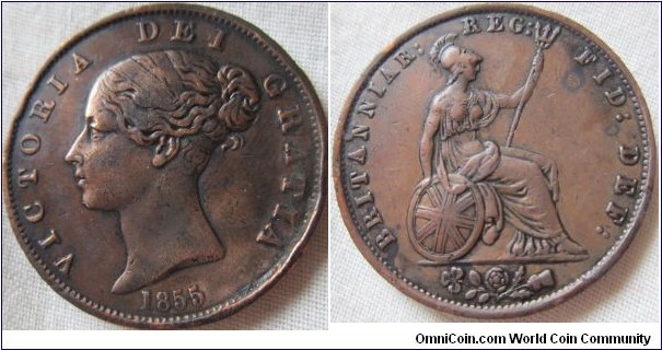 1855 halfpenny, vf details, cleaned