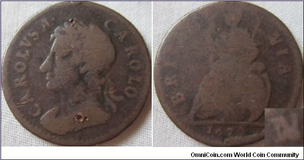 1672 farthing, N over I or over as misplaced N