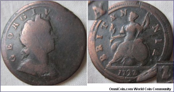 1721/0 halfpenny, odd extra metal coming off the A