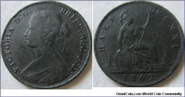 VF+ detailed halfpenny, dug up.