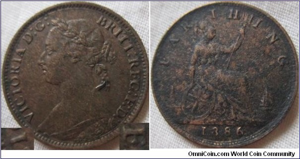 1886 farthing, EF, obverse lustre, with unlisted RFG for REG and almost unbarred T in Victoria, sadly damage to reverse