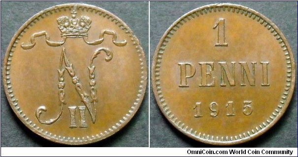 Grand Duchy of Finland 1 penni.
1915, Copper.
Weight; 1,28g.
Diameter; 15mm.
Mintage: 2.250.000 pieces.