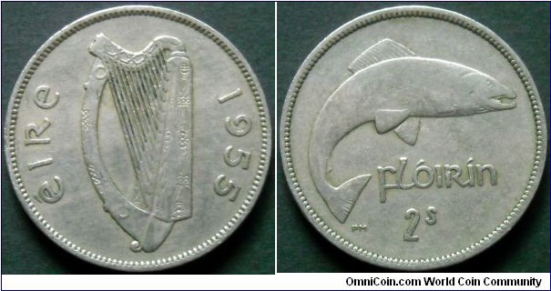 Ireland 1 florin.
1955, Cu-ni.
Weight; 11,2g.
Diameter; 28,3mm.
Mintage: 1.000.000 pieces.