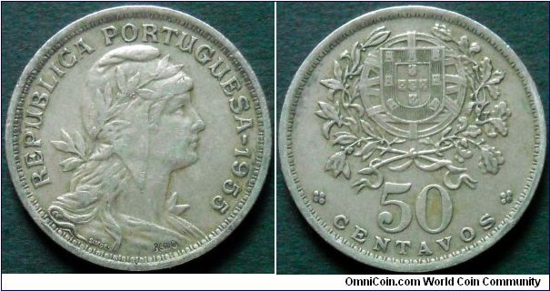 Portugal 50 centavos.
1955, Cu-ni.
Weight; 4,62g.
Diameter; 23mm.
Mintage: 3.057.000 pieces.