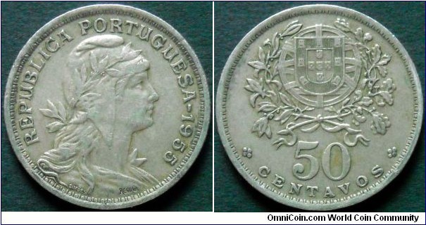 Portugal 50 centavos.
1955, Cu-ni.
Weight; 4,62g.
Diameter; 23mm.
Mintage: 3.057.000 pieces.