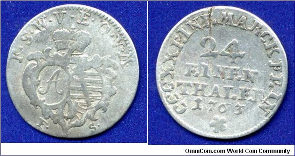 Groschen (1/24 Thaler).
Sachsen-Weimar-Eisenach.
Under regency of Anna Amalia von Braunschweig-Wolfenbüttel.
*F S* - Friedrich Siegmund Schafer in Eisenach 1755-76.


Ag.

