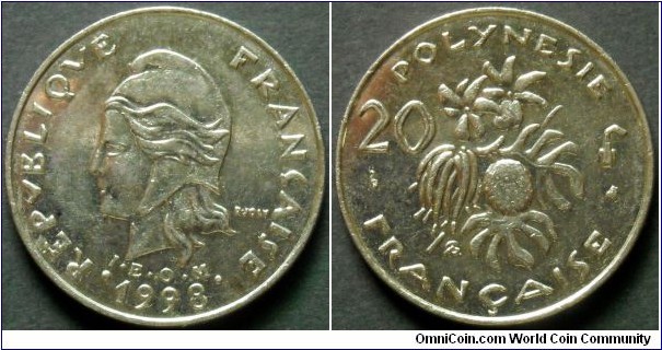 French Polynesia 20 francs. 1998 (I.E.O.M) Nickel.
Weight; 10g. 
Diameter; 28,3mm.
Mintage: 400.000 pieces.