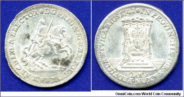 2 Groschen (1/12 Taler).
Sachsen.
Vikariat 1740-1742.
Friedrich August II (1733-1763).


Ag.