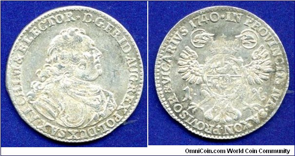 1 Groschen (1/24 Thaler).
Sachsen.
Vikariat 1740-1742.
Friedrich August II (1733-1763).


Ag.