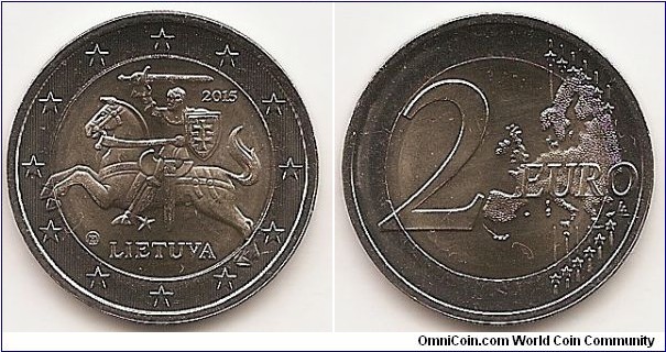 2 Euro
KM#212
8.5000 g., Bi-Metallic Nickel-Brass plated Nickel center in Copper-Nickel ring, 25.75 mm. Obv: the symbol from the emblem of the Lithuanian State — Vytis, and it is surrounded by the inscriptions LIETUVA (Lithuania), 2015 and twelve stars — a background of vertical lines Rev: Large value at left, modified outline of Europe at right. Obv. designer: Antanas Žukauskas Rev. designer: Luc Luycx