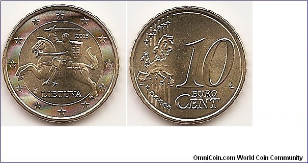 10 Euro cent KM#208 4.1000 g., Brass, 19.75 mm. Obv: the symbol from the emblem of the Lithuanian State — Vytis, and it is surrounded by the inscriptions LIETUVA (Lithuania), 2015 and twelve stars — a background of horizontal lines Rev: Large value at left, modified outline of Europe at right. Obv. designer: Antanas Žukauskas Rev. designer: Luc Luycx