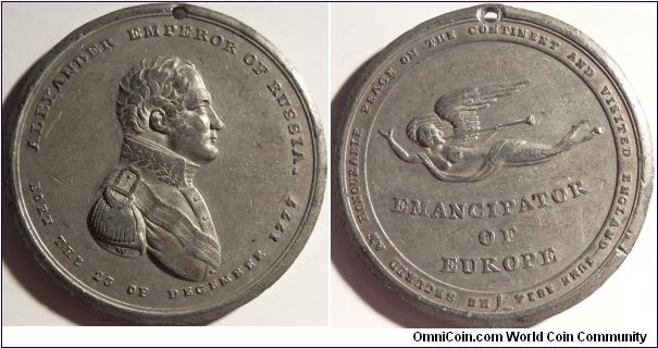 White metal medal commemorating the visit of Alexander I to England in 1814