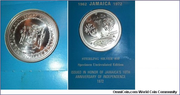 1972 Sterling Silver $10 specimen uncirculated edition. Issued in honor of Jamaica's 10th Anniversary of Independance Day