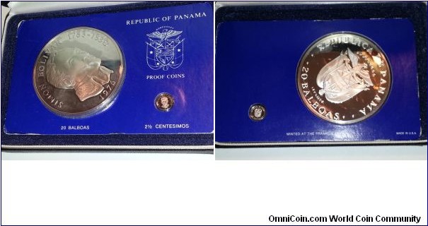 1976 Republic of Panama Sterling Silver Proof Coins 20 Balboas and 2 1/2 Centesimos