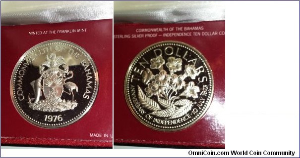 Ten Dollar Independance Coin of the Bahamas. Sterlling Silver Proof