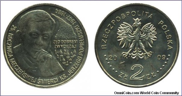 Poland, 2 zlote, 2009, Cu-Al-Zn-Sn, 27mm, 8.15g, 25th Anniversary of the Assassination of Father Jerzy Popieluszko.