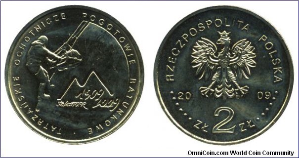 Poland, 2 zlote, 2009, Cu-Al-Zn-Sn, 27mm, 8.15g, Tatra Mountain Rescue Team, 1909-2009.