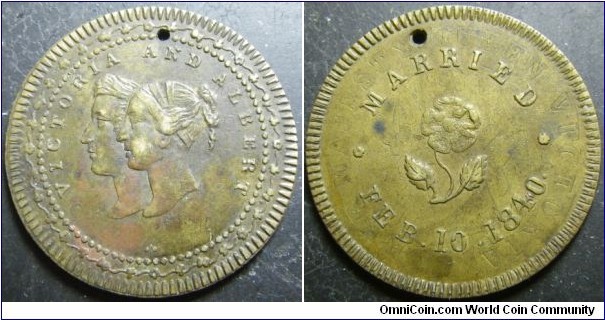 UK 1840 token overstruck over 1837 (?) token. Holed. Weight: 6.28g