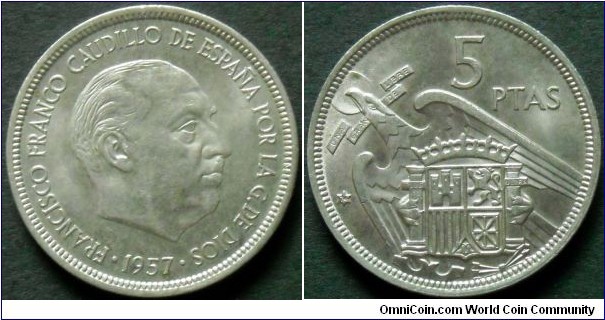 Spain 5 pesetas.
1957 (1974)