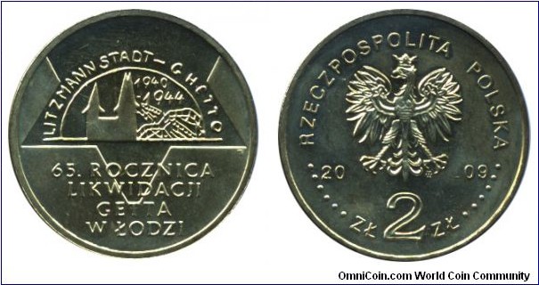 Poland, 2 zlote, 2009, Cu-Al-Zn-Sn, 27mm, 8.15g, 65th Anniversary of the Liquadition of the Lodz Ghetto, 1940-1944.