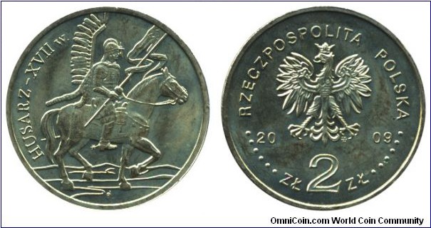 Poland, 2 zlote, 2009, Cu-Al-Zn-Sn, 27mm, 8.15g, Husars from the XVII. Centrury.