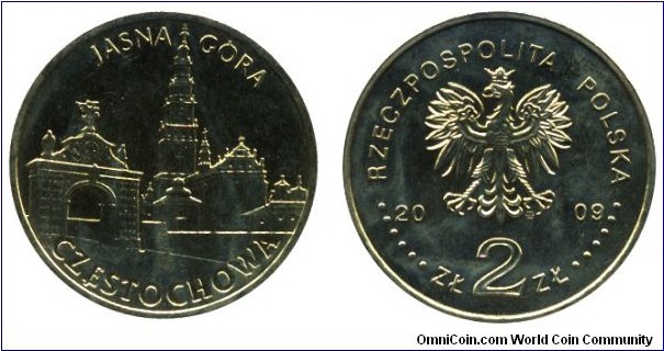 Poland, 2 zlote, 2009, Cu-Al-Zn-Sn, 27mm, 8.15g, Jasna Góra Monastery - Czestochowa.