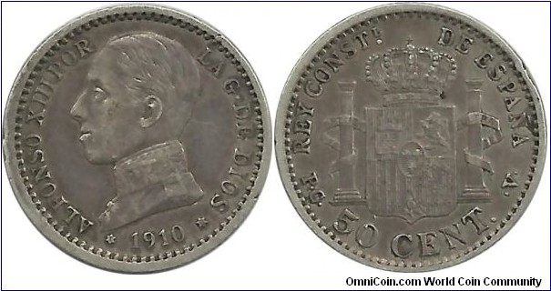 Spain 50 Centimos 1910
