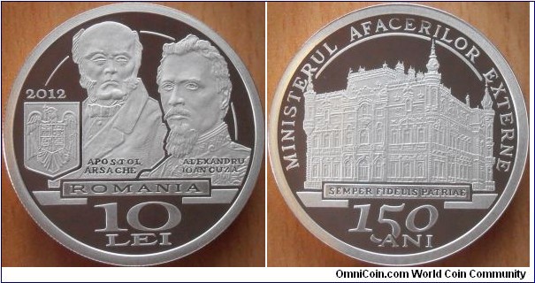 10 Lei - 150 years of the ministry of the foreign affairs - 31.1 g 0.999 silver Proof - mintage 500 pcs only