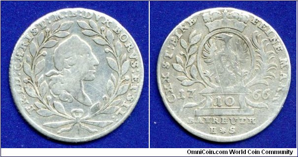 10 kreuzer (1/12 Konvenionsthaler).
Brandenburg-Bayreuth.
Friedrich Christian (1763-1769).
E*S - Eberhard & Schmiedhammer.
Bayreuth mint.


Ag500f. 3,9gr.