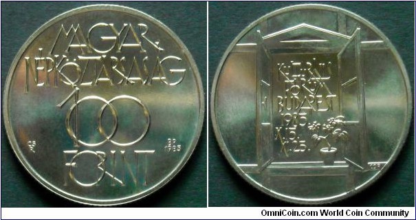 Hungary 100 forint.
1985, Budapest Cultural Forum.
Cu-ni-zn. Weight; 12g.
Diameter; 32mm.
Mintage: 40.000 pieces.