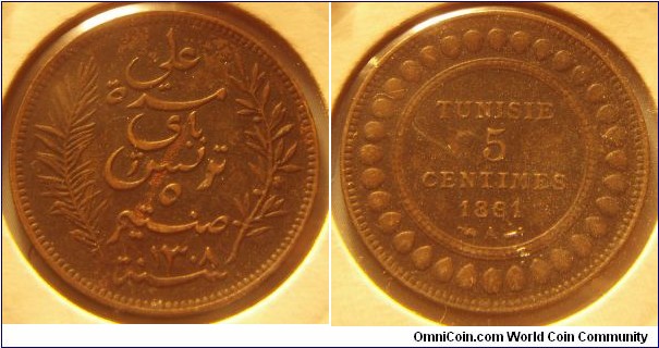 French protectorate of Tunisia | 
5 Centimes, 1891 | 
25 mm, 5 gr. | 
Bronze | 

Obverse: Denomination, date below | 
Lettering:علي مرة باي تونس ٥ صنتيم ١٣٠٨ سنت |

Reverse: Denomination, date below | 
Lettering: TUNISIE 5 CENTIMES 1891 |