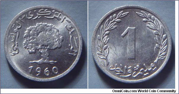 Tunisia | 
1 Millime, 1960 | 
15 mm, 0.65 gr. | 
Aluminium | 

Obverse: Oak Tree, date below | 
Lettering: البنك المركزي التونسي 1960 |

Reverse: Denomination | 
Lettering: 1 مليم واحد |