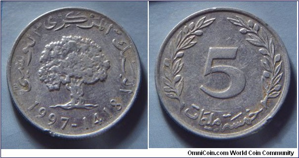 Tunisia | 
5 Millimes, 1997 | 
24 mm, 1.49 gr. | 
Aluminium | 

Obverse: Oak Tree, date below | 
Lettering: البنك المركزي التونسي 1997-1418 |

Reverse: Denomination | 
Lettering: 5 خمسـة مليمات |