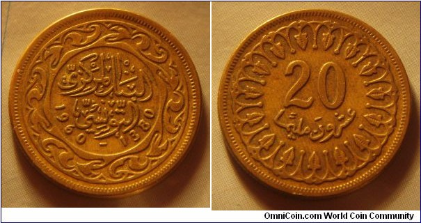 Tunisia | 
20 Millimes, 1960 | 
22 mm, 4.5 gr. | 
Brass | 

Obverse: Date | 
Lettering: البنك المركزي التونسي 1960-1380 |

Reverse: Denomination | 
Lettering: 20 عشرون مليما |