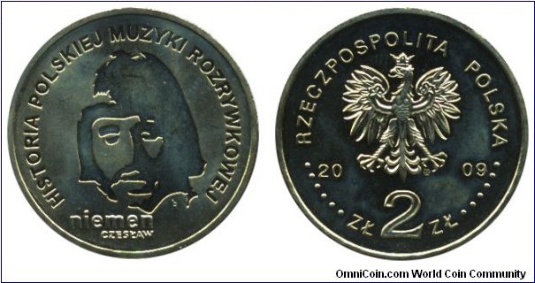 Poland, 2 zlote, 2009, Cu-Al-Zn-Sn, 27mm, 8.15g, History of Polish Music: Niemen Czeslaw