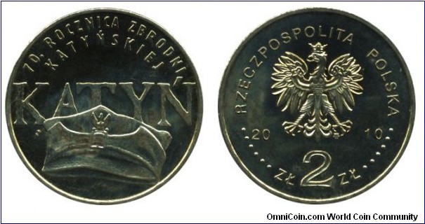 Poland, 2 zlote, 2010, Cu-Al-Zn-Sn, 27mm, 8.15g, 70. Anniversary of the Katyn massacre.