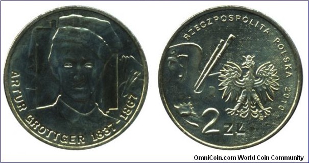 Poland, 2 zlote, 2010, Cu-Al-Zn-Sn, 27mm, 8.15g, Artur Grottger, 1837-1867.