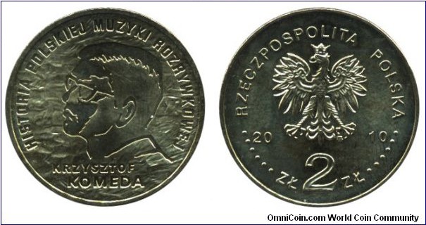 Poland, 2 zlote, 2010, Cu-Al-Zn-Sn, 27mm, 8.15g, History of Polish music: Krysztof Komeda.