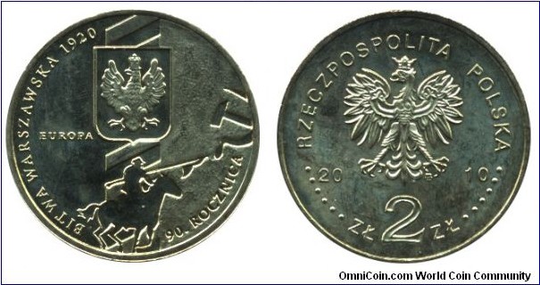 Poland, 2 zlote, 2010, Cu-Al-Zn-Sn, 27mm, 8.15g, Battle of Warsaw - 1920 Europa, 90th Anniversary.