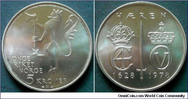 Norway 5 kroner.
1978, 350th Anniversary of Norwegian Army.