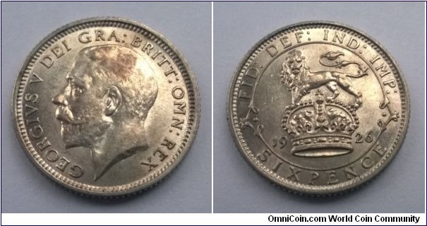 George V 1926 Sixpence. EF - AUNC.