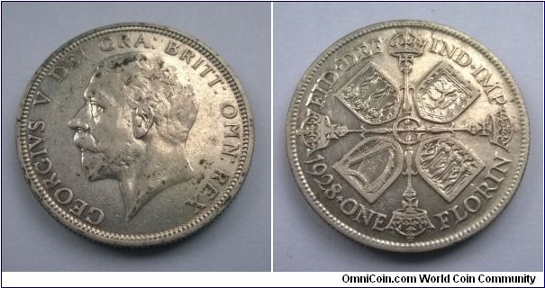 George V 1928 Florin. Cleaned Metal Detecting Find. F - aVF.