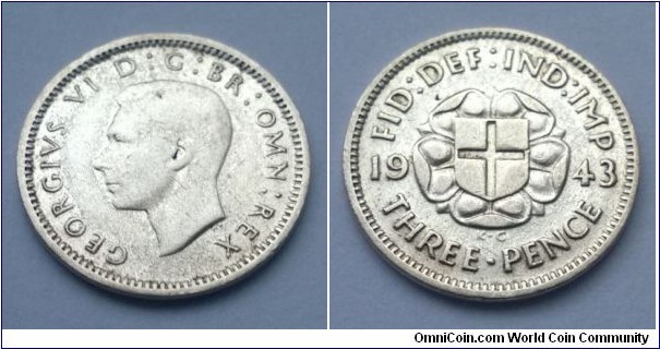 George VI 1943 Silver Threepence. Scarcer Date. aVF.