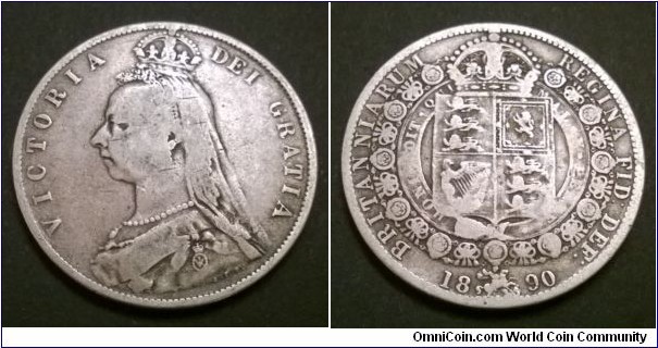 Queen Victoria 1890 Jubilee Head Half Crown. Fine.