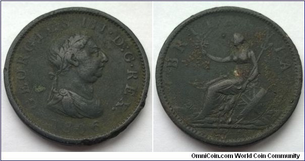 George III 1806 Penny. VG, Obverse aF.