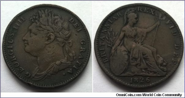 George IV 1826 Farthing. gF, Obverse aVF.