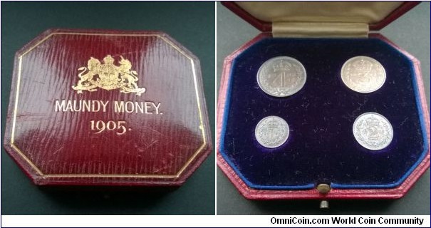 Edward VII 1905 Maundy Set, in original dated box. Rich tone; replaced lighter toned threepence. BUNC, with threepence EF.