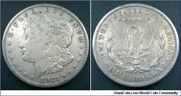 USA 1921 Morgan Dollar. gF, Reverse aVF.